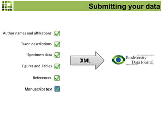 XML
Figures and Tables
References
Manuscript text
Submitting your data
Author names and affiliations
Taxon descriptions
Specimen data
 