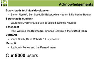 Scratchpads technical development
- Simon Rycroft, Ben Scott, Ed Baker, Alice Heaton & Katherine Bouton
Scratchpads outreach
- Laurence Livermore, Isa van deVelde & Dimitris Koureas
e-Monocot
- Paul Wilkin & the Kew team, Charles Godfray & the Oxford team
ViBRANT
- Vince Smith, Dave Roberts & Lucy Reeve
Pensoft
- Lyobomir Penev and the Pensoft team
Our 8000 users
Acknowledgements
 