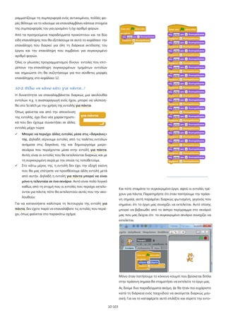 ραμματίζουμε τη συμπεριφορά ενός αντικειμένου, πολλές φορές θέλουμε να το κάνουμε να επαναλαμβάνει κάποια στοιχεία
της συμπεριφοράς του για ορισμένο ή όχι αριθμό φορών.
Από τα προηγούμενα παραδείγματα προκύπτουν και τα δύο
είδη επανάληψης που θα εξετάσουμε σε αυτό το κεφάλαιο: την
επανάληψη που διαρκεί για όλη τη διάρκεια εκτέλεσης του
έργου και την επανάληψη που συμβαίνει για συγκεκριμένο
αριθμό φορών.
Όλες οι γλώσσες προγραμματισμού δίνουν εντολές που επιτρέπουν την επανάληψη συγκεκριμένων τμημάτων εντολών
και σημειώστε ότι θα συζητήσουμε για πιο σύνθετες μορφές
επανάληψης στο κεφάλαιο 12.

10.2 Θέλω να κάνω κάτι για πάντα…!
Η δυνατότητα να επαναλαμβάνεται διαρκώς μια ακολουθία
εντολών π.χ. η αναπαραγωγή ενός ήχου, μπορεί να υλοποιηθεί στο Scratch με την χρήση της εντολής για πάντα.
Όπως φαίνεται και από την απεικόνιση
της εντολής, έχει δυο νέα χαρακτηριστικά που δεν έχουμε συναντήσει σε άλλες
εντολές μέχρι τώρα:


Μπορεί να περιέχει άλλες εντολές μέσα στις «δαγκάνες»
της. Δηλαδή σέρνουμε εντολές από τις παλέτες εντολών
ανάμεσα στις δαγκάνες της και δημιουργούμε μικροσενάρια που περιέχονται μέσα στην εντολή για πάντα.
Αυτές είναι οι εντολές που θα εκτελούνται διαρκώς και με
τη συγκεκριμένη σειρά με την οποία τις τοποθετούμε.



Στο κάτω μέρος της, η εντολή δεν έχει την εξοχή εκείνη
που θα μας επέτρεπε να προσθέσουμε άλλη εντολή μετά
.....................................................

από αυτήν. Δηλαδή η εντολή για πάντα μπορεί να είναι
μόνο η τελευταία σε ένα σενάριο. Αυτό είναι πολύ λογικό
καθώς από τη στιγμή που οι εντολές που περιέχει εκτελο-

Και πότε σταμάτα το συγκεκριμένο έργο, αφού οι εντολές τρέ-

ύνται για πάντα, πότε θα εκτελεστούν αυτές που την ακο-

χουν για πάντα; Παρατηρήστε ότι όταν πατήσουμε την πράσι-

λουθούν;

νη σημαία, αυτή παραμένει διαρκώς φωτισμένη, γεγονός που

Για να κατανοήσετε καλύτερα τη λειτουργία της εντολή για

σημαίνει ότι το έργο μας συνεχίζει να εκτελείται. Αυτό επίσης

πάντα, δεν έχετε παρά να επαναλάβατε τις εντολές που περιέ-

μπορεί να βεβαιωθεί από το άσπρο περίγραμμα στο σενάριό

χει, όπως φαίνεται στο παρακάτω σχήμα:

μας που μας δείχνει ότι το συγκεκριμένο σενάριο συνεχίζει να
εκτελείται.

Μόνο όταν πατήσουμε το κόκκινο κουμπί που βρίσκεται δίπλα
στην πράσινη σημαία θα σταματήσει να εκτελείτε το έργο μας.
Ας δούμε δυο παραδείγματα ακόμη. Δε θα ήταν πιο ευχάριστο
κατά τη διάρκεια ενός παιχνιδιού να ακούγεται διαρκώς μουσική; Για να το καταφέρετε αυτό επιλέξτε και σύρετε την εντο10-103

 