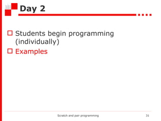 Day 2 Students begin programming  ( individually ) Examples Scratch and pair programming 