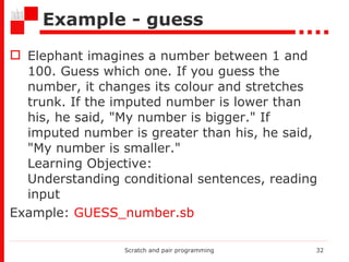 Example - guess Elephant imagines a number between 1 and 100. Guess which one. If you guess the number, it changes its colour and stretche s  trunk. If the imputed number is lower than his, he said, "My number is bigger." If imputed number is greater than his, he said, "My number is smaller." Learning Objective: Understanding conditional sentences, reading input  Example:  GUESS _number.sb Scratch and pair programming 