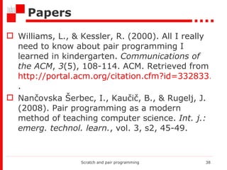 Papers Williams, L., & Kessler, R. (2000). All I really need to know about pair programming I learned in kindergarten.  Communications of the ACM ,  3 (5), 108-114. ACM. Retrieved from  http://portal.acm.org/citation.cfm?id=332833.332848 .  Nančovska Šerbec, I., Kaučič, B., & Rugelj, J. (2008). Pair programming as a modern method of teaching computer science.  Int. j.: emerg. technol. learn. , vol. 3, s2, 45-49.  Scratch and pair programming 