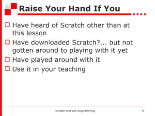 Raise Your Hand If You Have heard of Scratch other than at this lesson Have downloaded Scratch ?...  but not gotten around to playing with it yet Have played around with it Use it in your teaching Scratch and pair programming 