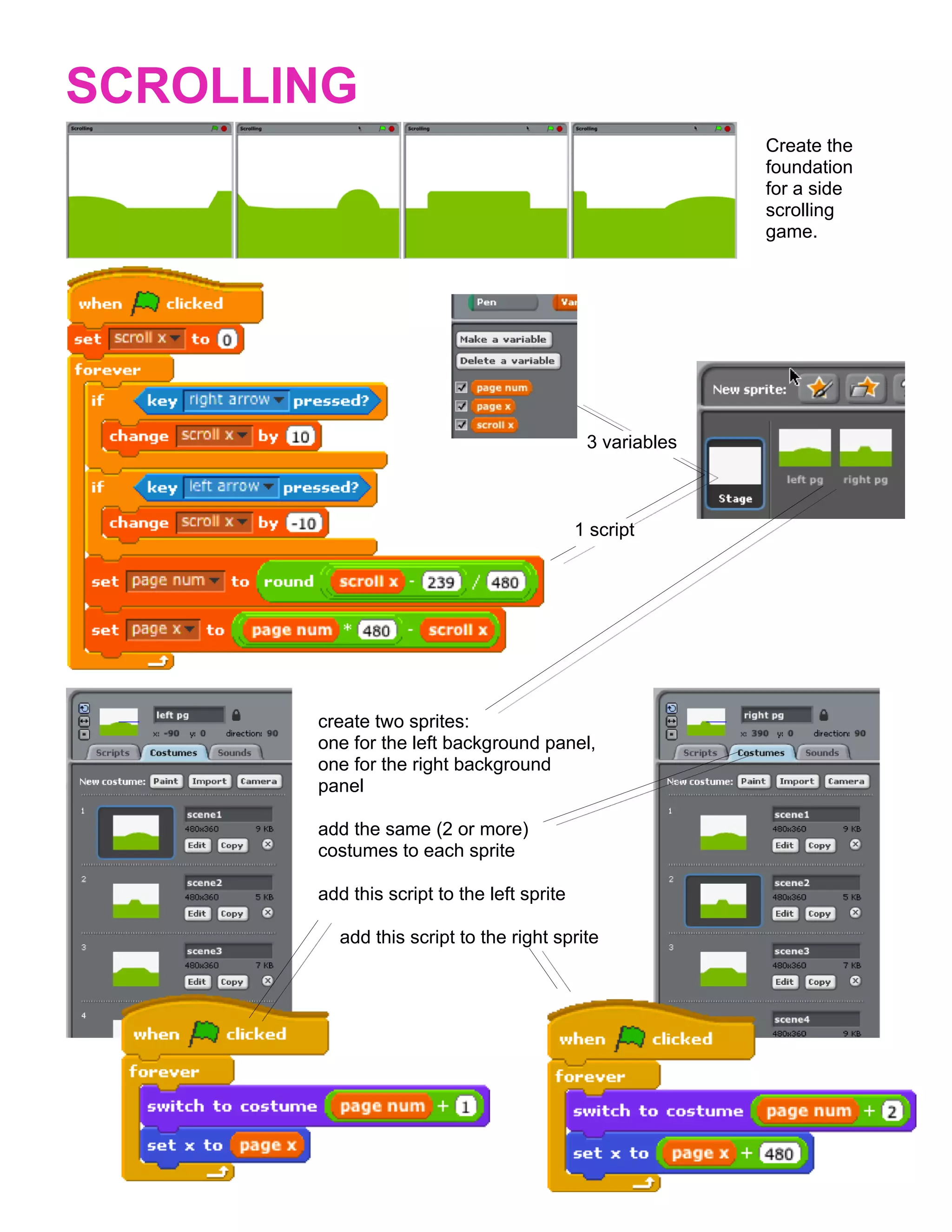 SCROLLING
                                                           Create the
                                                           foundation
                                                           for a side
                                                           scrolling
                                                           game.




                                             3 variables



                                            1 script




       create two sprites:
       one for the left background panel,
       one for the right background
       panel

       add the same (2 or more)
       costumes to each sprite

       add this script to the left sprite

         add this script to the right sprite
 