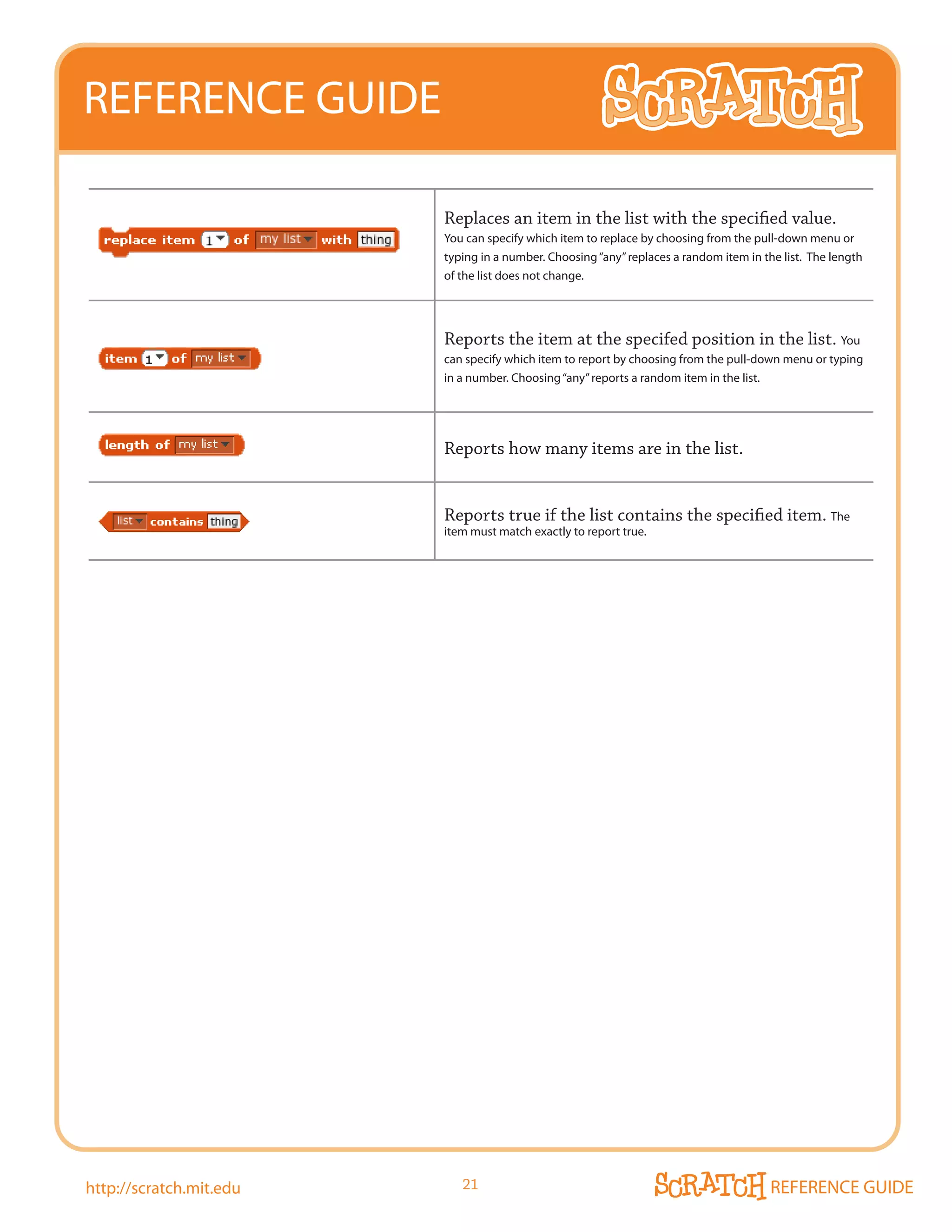 REFERENCE GUIDE

                         Replaces an item in the list with the specified value.
                         you can specify which item to replace by choosing from the pull-down menu or
                         typing in a number. Choosing “any” replaces a random item in the list. The length
                         of the list does not change.




                         Reports the item at the specifed position in the list. you
                         can specify which item to report by choosing from the pull-down menu or typing
                         in a number. Choosing “any” reports a random item in the list.




                         Reports how many items are in the list.


                         Reports true if the list contains the specified item. The
                         item must match exactly to report true.




http://scratch.mit.edu      21                                                          REFERENCE GUIDE
 