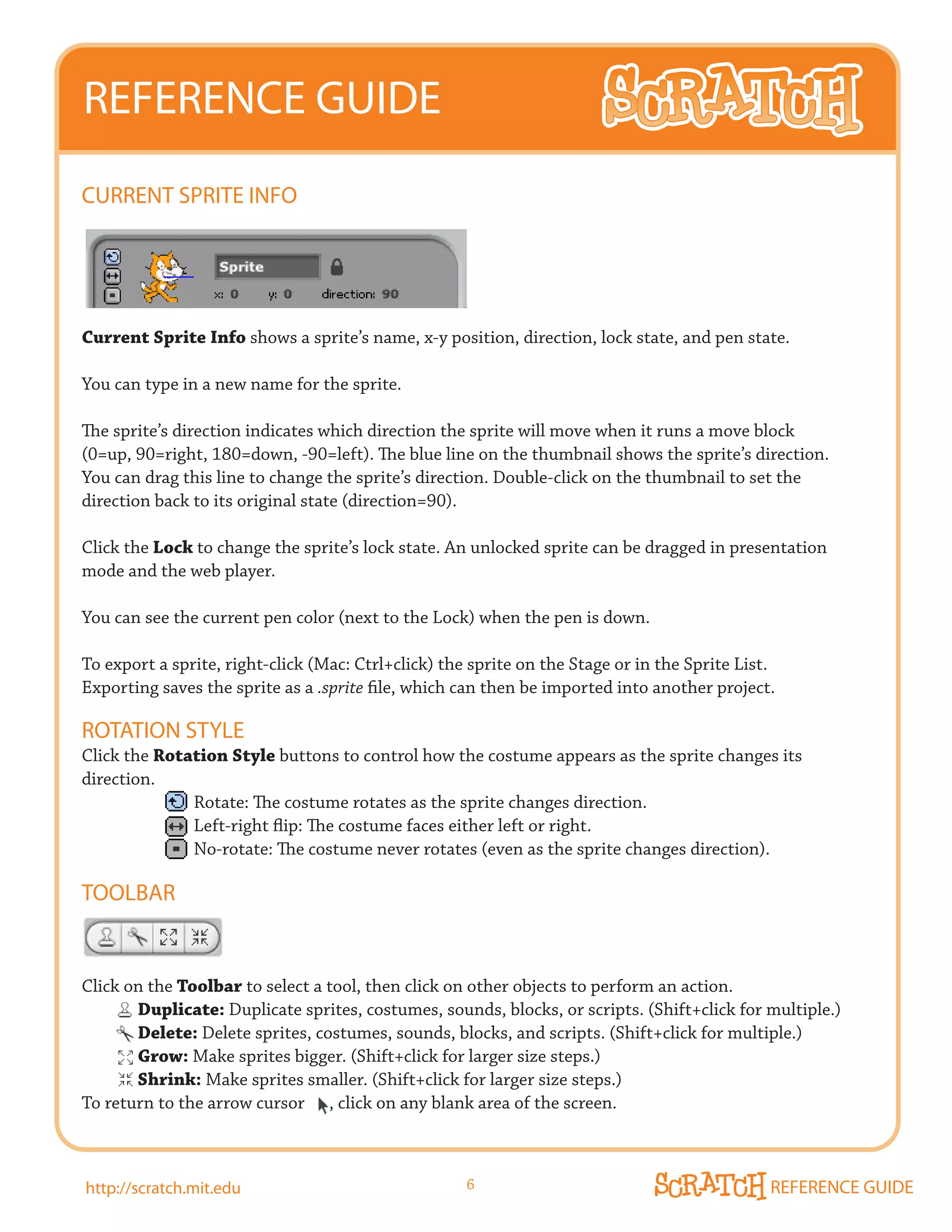 REFERENCE GUIDE
CURRENT SPRITE INFO




Current Sprite Info shows a sprite’s name, x-y position, direction, lock state, and pen state.

You can type in a new name for the sprite.

The sprite’s direction indicates which direction the sprite will move when it runs a move block
(0=up, 90=right, 180=down, -90=left). The blue line on the thumbnail shows the sprite’s direction.
You	can	drag	this	line	to	change	the	sprite’s	direction.	Double-click	on	the	thumbnail	to	set	the	
direction back to its original state (direction=90).

Click the Lock to change the sprite’s lock state. An unlocked sprite can be dragged in presentation
mode and the web player.

You can see the current pen color (next to the Lock) when the pen is down.

To export a sprite, right-click (Mac: Ctrl+click) the sprite on the Stage or in the Sprite List.
Exporting saves the sprite as a .sprite file, which can then be imported into another project.

ROTATION STyLE
Click the Rotation Style buttons to control how the costume appears as the sprite changes its
direction.
              Rotate: The costume rotates as the sprite changes direction.
              Left-right flip: The costume faces either left or right.
              No-rotate: The costume never rotates (even as the sprite changes direction).

TOOLBAR


Click on the Toolbar to select a tool, then click on other objects to perform an action.
       Duplicate:	Duplicate	sprites,	costumes,	sounds,	blocks,	or	scripts.	(Shift+click	for	multiple.)
       Delete:	Delete	sprites,	costumes,	sounds,	blocks,	and	scripts.	(Shift+click	for	multiple.)
       Grow: Make sprites bigger. (Shift+click for larger size steps.)
       Shrink: Make sprites smaller. (Shift+click for larger size steps.)
To return to the arrow cursor , click on any blank area of the screen.



http://scratch.mit.edu                               6                                         REFERENCE GUIDE
 