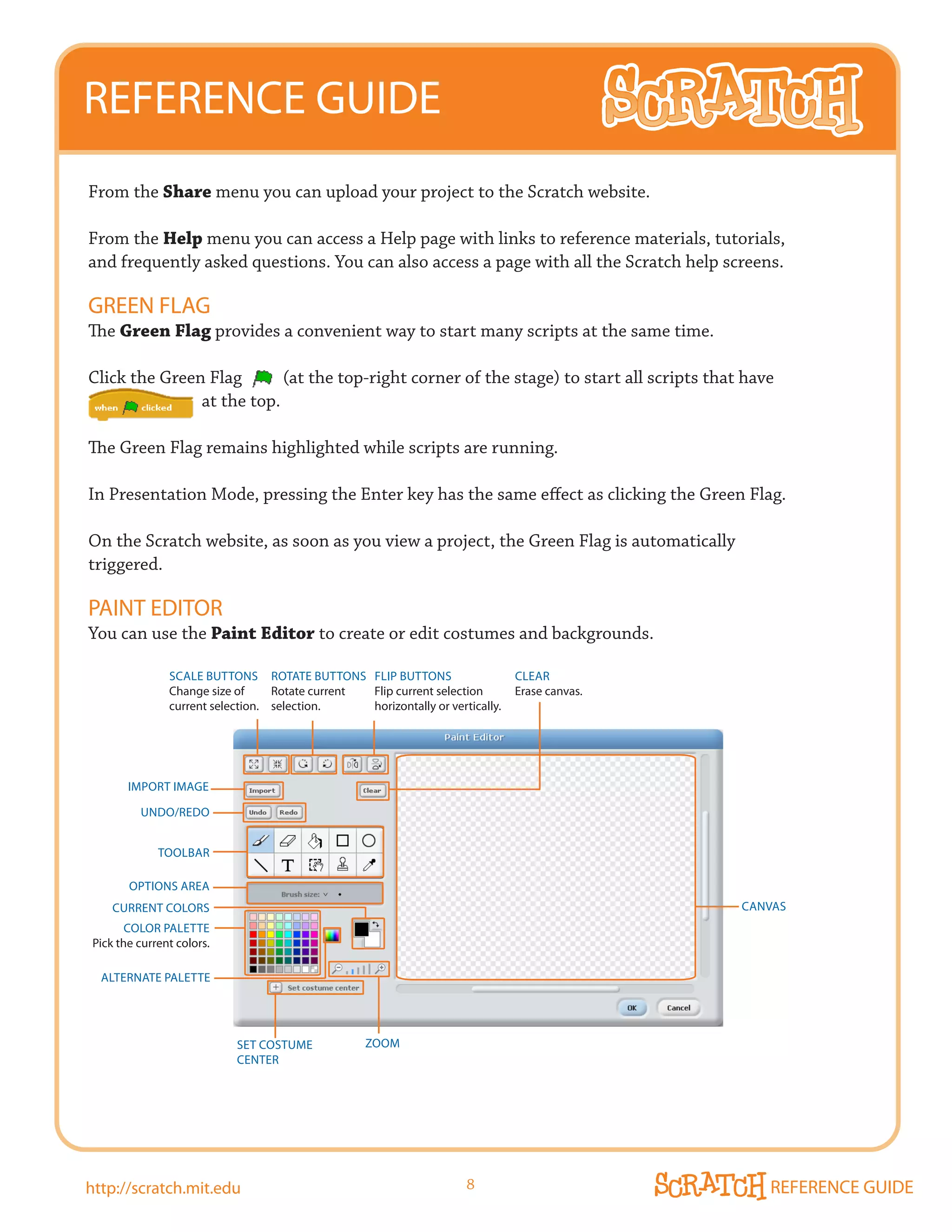 REFERENCE GUIDE
From the Share menu you can upload your project to the Scratch website.

From the Help menu you can access a Help page with links to reference materials, tutorials,
and frequently asked questions. You can also access a page with all the Scratch help screens.

GREEN FLAG
The Green Flag provides a convenient way to start many scripts at the same time.

Click the Green Flag       (at the top-right corner of the stage) to start all scripts that have
               at the top.

The Green Flag remains highlighted while scripts are running.

In Presentation Mode, pressing the Enter key has the same effect as clicking the Green Flag.

On the Scratch website, as soon as you view a project, the Green Flag is automatically
triggered.

PAINT EDITOR
You can use the Paint Editor to create or edit costumes and backgrounds.

               SCALE BUTTONS ROTATE BUTTONS FLIP BUTTONS                       CLEAR
               Change size of     Rotate current Flip current selection        Erase canvas.
               current selection. selection.     horizontally or vertically.




       ImPORT ImAGE

         UNDO/REDO


             TOOLBAR

       OPTIONS AREA
    CURRENT COLORS                                                                             CANVAS
       COLOR PALETTE
Pick the current colors.

  ALTERNATE PALETTE




                           SET COSTUmE             ZOOm
                           CENTER




http://scratch.mit.edu                                               8                            REFERENCE GUIDE
 