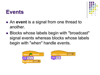 EventsAn event is a signal from one thread to another.Blocks whose labels begin with "broadcast" signal events whereas blocks whose labels begin with "when" handle events.