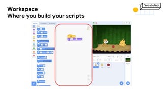 Vocabulary
Workspace
Where you build your scripts
 