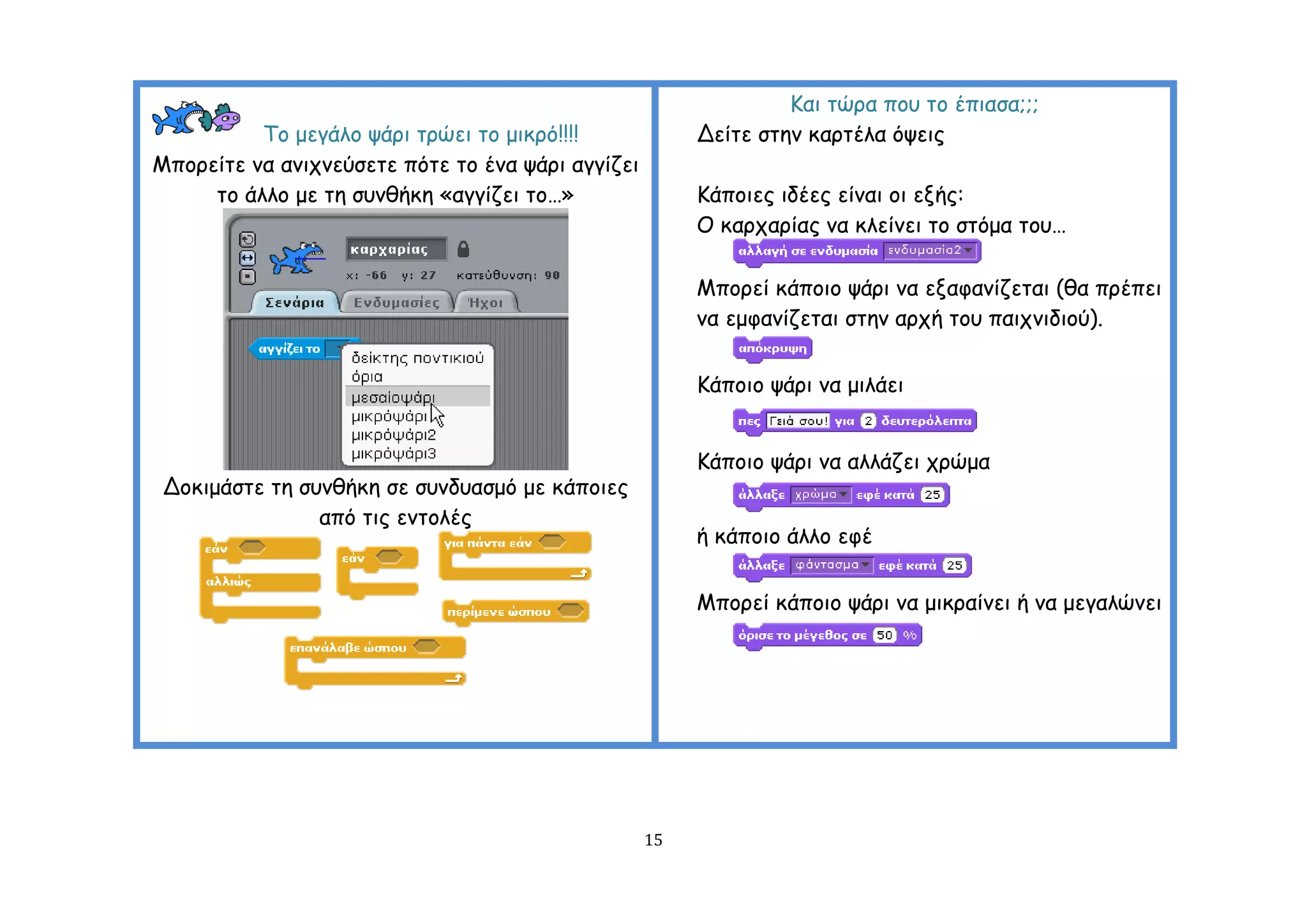 Ηαη ηώνα πμο ημ έπηαζα;;;
          Σμ μεγάιμ ράνη ηνώεη ημ μηθνό!!!!             Δείηε ζηεκ θανηέια όρεηξ
Μπμνείηε κα ακηπκεύζεηε πόηε ημ έκα ράνη αγγίδεη
     ημ άιιμ με ηε ζοκζήθε «αγγίδεη ημ…»                Ηάπμηεξ ηδέεξ είκαη μη ελήξ:
                                                        Ο θανπανίαξ κα θιείκεη ημ ζηόμα ημο…

                                                        Μπμνεί θάπμημ ράνη κα ελαθακίδεηαη (ζα πνέπεη
                                                        κα εμθακίδεηαη ζηεκ ανπή ημο παηπκηδημύ).


                                                        Ηάπμημ ράνη κα μηιάεη


                                                        Ηάπμημ ράνη κα αιιάδεη πνώμα
 Δμθημάζηε ηε ζοκζήθε ζε ζοκδοαζμό με θάπμηεξ
                από ηηξ εκημιέξ
                                                        ή θάπμημ άιιμ εθέ


                                                        Μπμνεί θάπμημ ράνη κα μηθναίκεη ή κα μεγαιώκεη




                                                   15
 