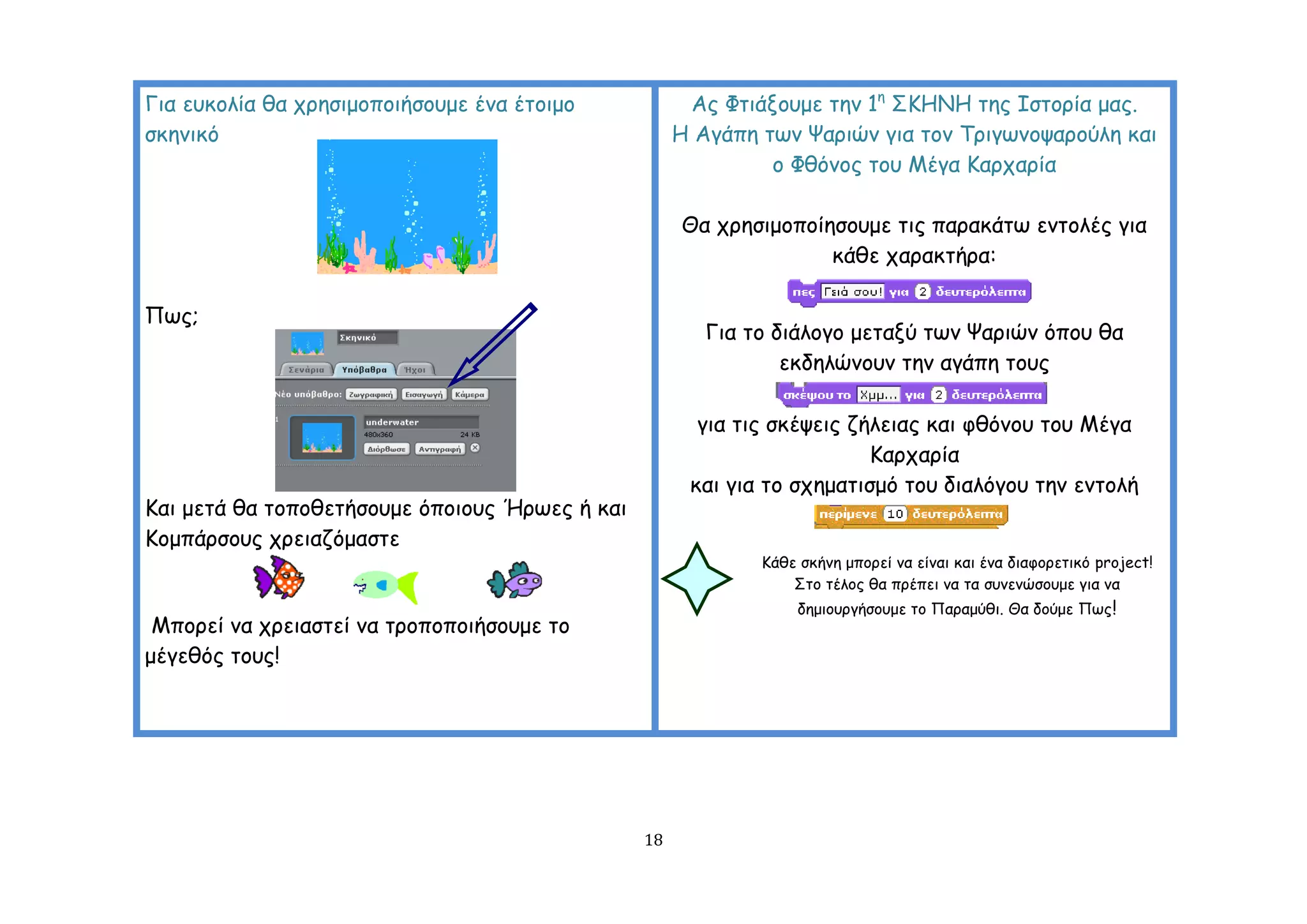 Γηα εοθμιία ζα πνεζημμπμηήζμομε έκα έημημμ            Αξ Φηηάλμομε ηεκ 1ε ΢ΗΕΝΕ ηεξ Ζζημνία μαξ.
ζθεκηθό                                              Ε Αγάπε ηςκ Φανηώκ γηα ημκ Σνηγςκμρανμύιε θαη
                                                              μ Φζόκμξ ημο Μέγα Ηανπανία

                                                     Θα πνεζημμπμίεζμομε ηηξ παναθάης εκημιέξ γηα
                                                                   θάζε παναθηήνα:

Πςξ;
                                                        Γηα ημ δηάιμγμ μεηαλύ ηςκ Φανηώκ όπμο ζα
                                                                εθδειώκμοκ ηεκ αγάπε ημοξ

                                                       γηα ηηξ ζθέρεηξ δήιεηαξ θαη θζόκμο ημο Μέγα
                                                                         Ηανπανία
                                                      θαη γηα ημ ζπεμαηηζμό ημο δηαιόγμο ηεκ εκημιή
Ηαη μεηά ζα ημπμζεηήζμομε όπμημοξ Ήνςεξ ή θαη
Ημμπάνζμοξ πνεηαδόμαζηε
                                                             Ηάζε ζθήκε μπμνεί κα είκαη θαη έκα δηαθμνεηηθό project!
                                                                 ΢ημ ηέιμξ ζα πνέπεη κα ηα ζοκεκώζμομε γηα κα
                                                                  δεμημονγήζμομε ημ Παναμύζη. Θα δμύμε Πςξ!
 Μπμνεί κα πνεηαζηεί κα ηνμπμπμηήζμομε ημ
μέγεζόξ ημοξ!




                                                18
 