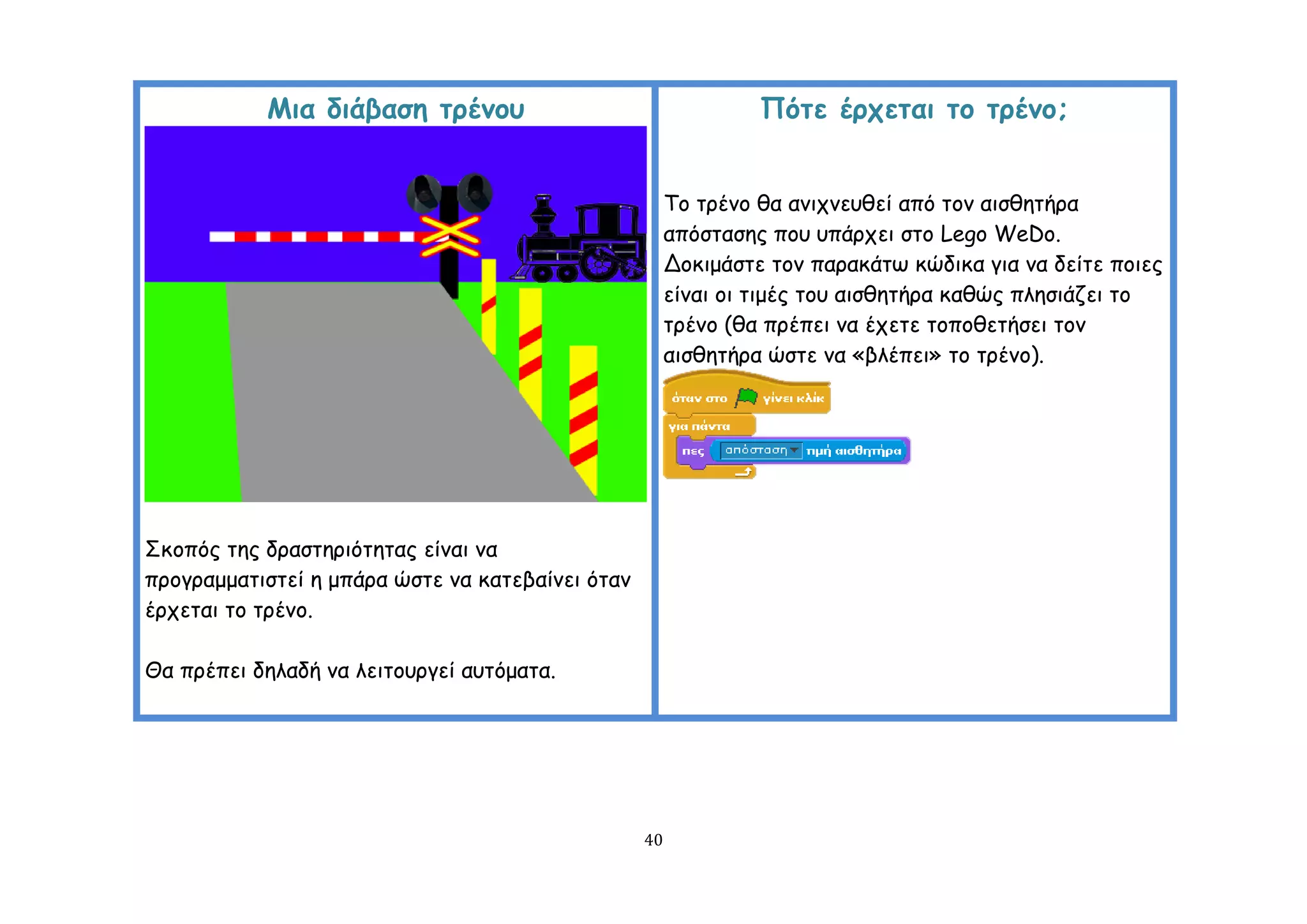 Μηα δηάβαζε ηνέκμο                                   Πόηε ένπεηαη ημ ηνέκμ;


                                                       Σμ ηνέκμ ζα ακηπκεοζεί από ημκ αηζζεηήνα
                                                       απόζηαζεξ πμο οπάνπεη ζημ Lego WeDo.
                                                       Δμθημάζηε ημκ παναθάης θώδηθα γηα κα δείηε πμηεξ
                                                       είκαη μη ηημέξ ημο αηζζεηήνα θαζώξ πιεζηάδεη ημ
                                                       ηνέκμ (ζα πνέπεη κα έπεηε ημπμζεηήζεη ημκ
                                                       αηζζεηήνα ώζηε κα «βιέπεη» ημ ηνέκμ).




΢θμπόξ ηεξ δναζηενηόηεηαξ είκαη κα
πνμγναμμαηηζηεί ε μπάνα ώζηε κα θαηεβαίκεη όηακ
ένπεηαη ημ ηνέκμ.

Θα πνέπεη δειαδή κα ιεηημονγεί αοηόμαηα.




                                                  40
 