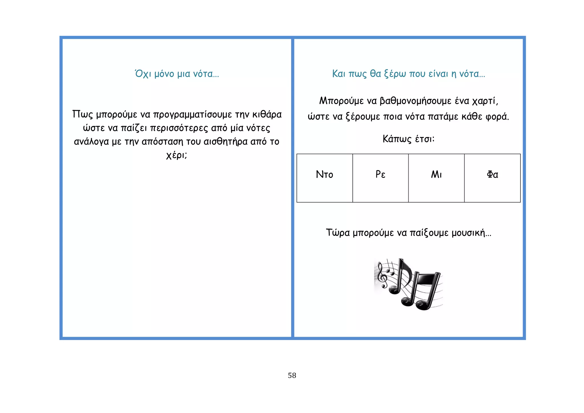 Όπη μόκμ μηα κόηα…                          Ηαη πςξ ζα λένς πμο είκαη ε κόηα…

                                                      Μπμνμύμε κα βαζμμκμμήζμομε έκα πανηί,
Πςξ μπμνμύμε κα πνμγναμμαηίζμομε ηεκ θηζάνα         ώζηε κα λένμομε πμηα κόηα παηάμε θάζε θμνά.
  ώζηε κα παίδεη πενηζζόηενεξ από μία κόηεξ
ακάιμγα με ηεκ απόζηαζε ημο αηζζεηήνα από ημ                       Ηάπςξ έηζη:
                    πένη;

                                                     Νημ          Ρε          Μη             Φα




                                                       Σώνα μπμνμύμε κα παίλμομε μμοζηθή…




                                               58
 