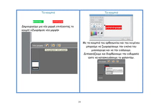 Σα θμομπηά                                         Σα θμομπηά




Δεμημονγμύμε μηα κέα μμνθή επηιέγμκηαξ ημ
θμομπί «Δςγνάθηζε κέα μμνθή»



                                                 Με ηα θμομπηά ημο μνζμγςκίμο θαη ημο θεημέκμο
                                                   μπμνμύμε κα δςγναθίζμομε ηεκ εηθόκα ημο
                                                        μηζμιζηνεθα θαη κα ηεκ εηζάγμομε.
                                                 Δηπιαζηάδμομε θαη δημνζώκμομε ηεκ εκδομαζία
                                                     ώζηε κα θαηαζθεοάζμομε ημ θαιακηόμη.




                                            24
 