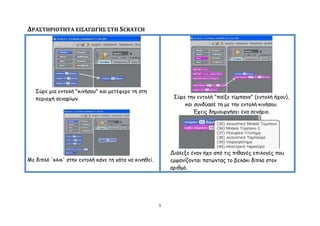 ΔΡΑ΢ΣΗΡΙΟΣΗΣΑ ΕΙ΢ΑΓΩΓΗ΢ ΢ΣΗ SCRATCH




   ΢ύνε μηα εκημιή "θηκήζμο" θαη μεηέθενε ηε ζηε
   πενημπή ζεκανίςκ.                                        ΢ύνε ηεκ εκημιή "παίλε ηύμπακμ" (εκημιή ήπμο),
                                                                θαη ζοκδύαζέ ηε με ηεκ εκημιή θηκήζμο.
                                                                   Έπεηξ δεμημονγήζεη έκα ζεκάνημ.




                                                           Δηάιελε έκακ ήπμ από ηηξ πηζακέξ επηιμγέξ πμο
Με δηπιό 'θιηθ' ζηεκ εκημιή θάκε ηε γάηα κα θηκεζεί.       εμθακίδμκηαη παηώκηαξ ημ βειάθη δίπια ζημκ
                                                           ανηζμό.




                                                       5
 