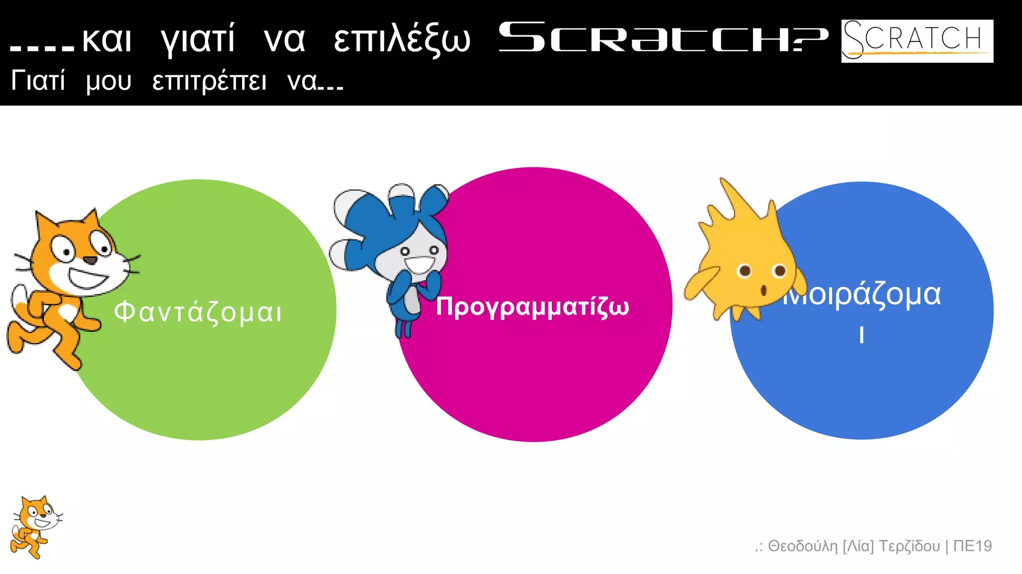 .: Θεοδούλη [Λία] Τερζίδου | ΠΕ19
Μοιράζομα
ι
ΠρογραμματίζωΦαντάζομαι
….και γιατί να επιλέξω SCRATCH?
…Γιατί μου επιτρέπει να
 