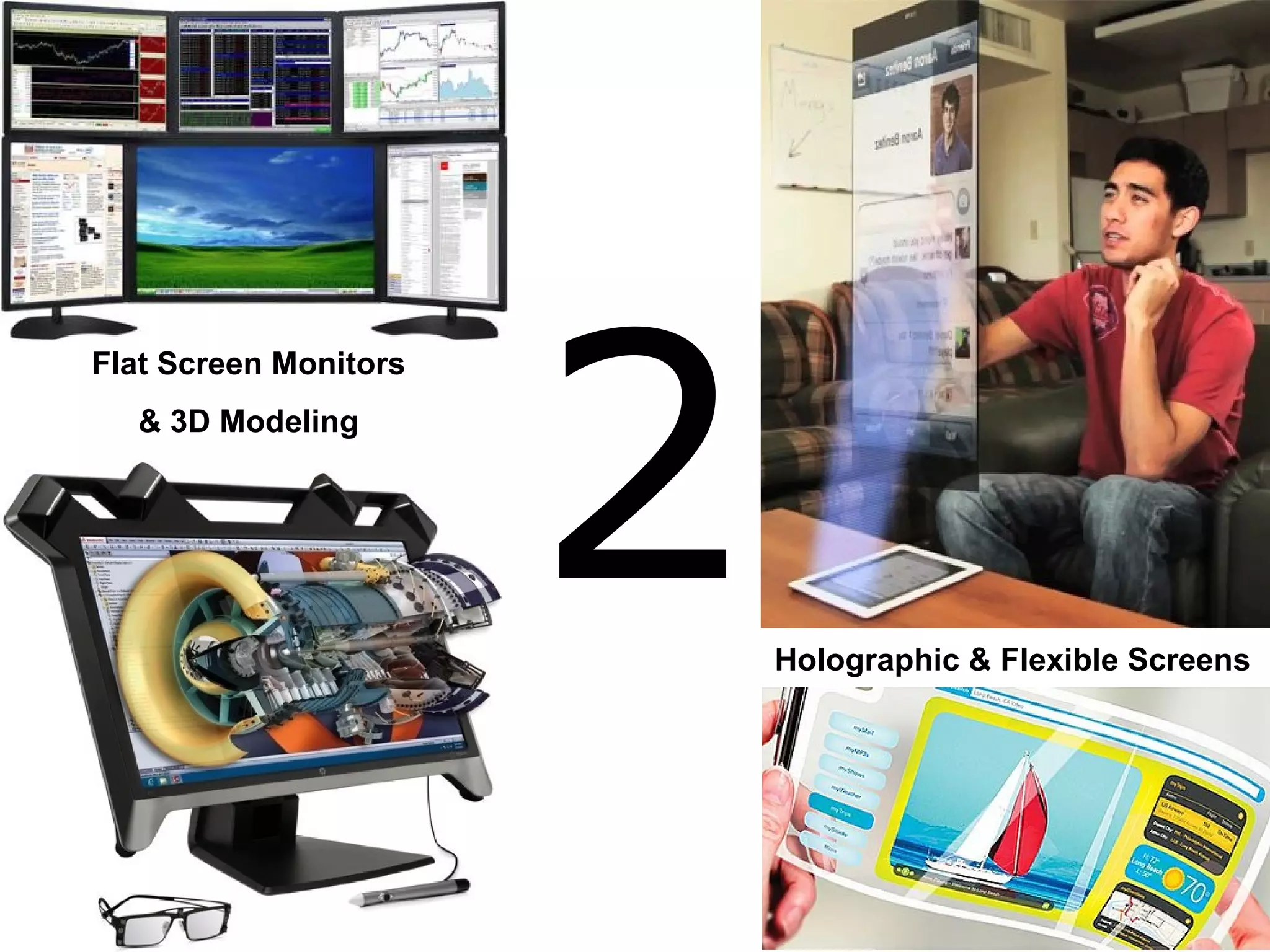 2
Flat Screen Monitors
& 3D Modeling
Holographic & Flexible Screens
 