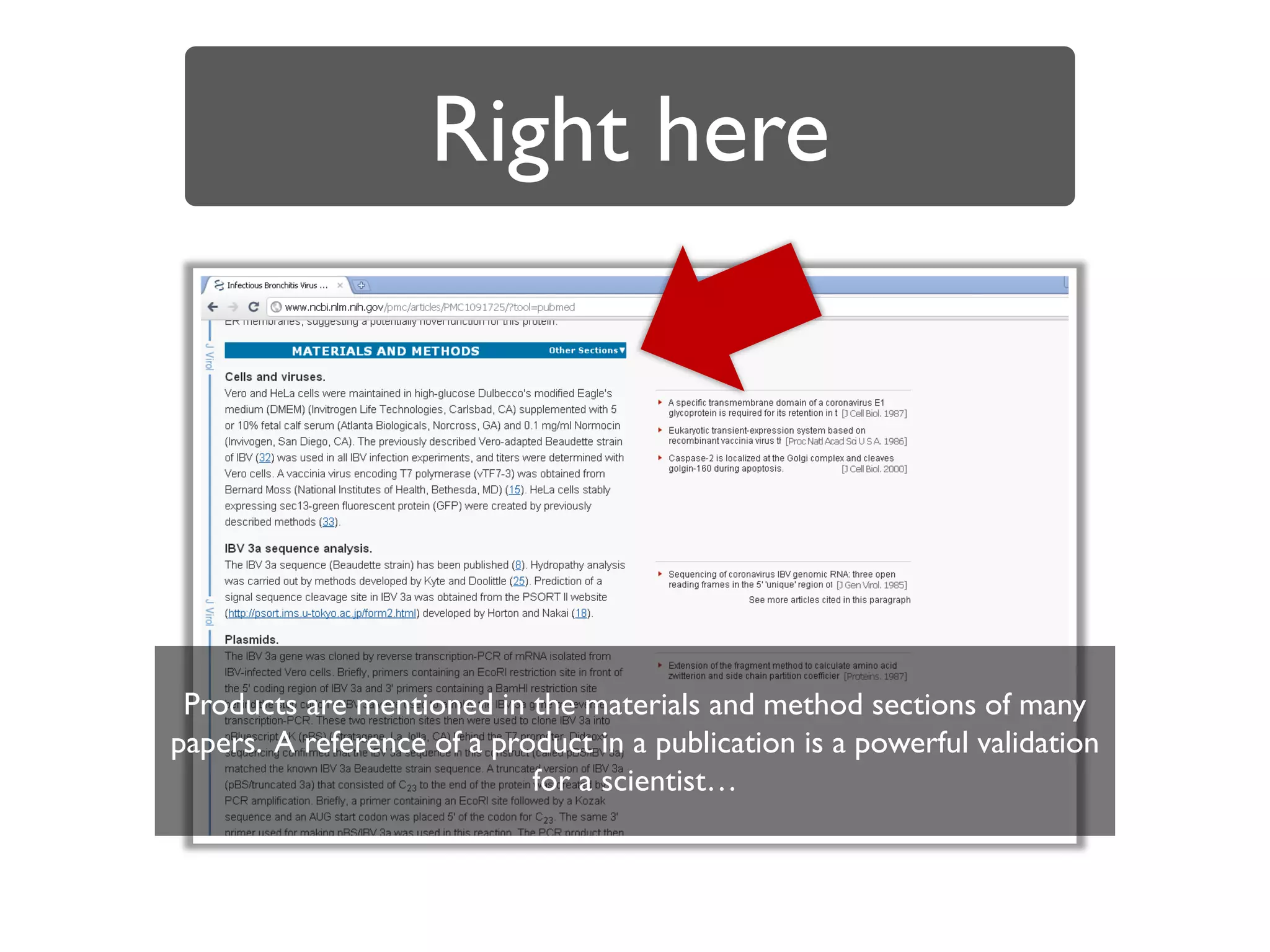 Right here




 Products are mentioned in the materials and method sections of many
papers. A reference of a product in a publication is a powerful validation
                            for a scientist…
 