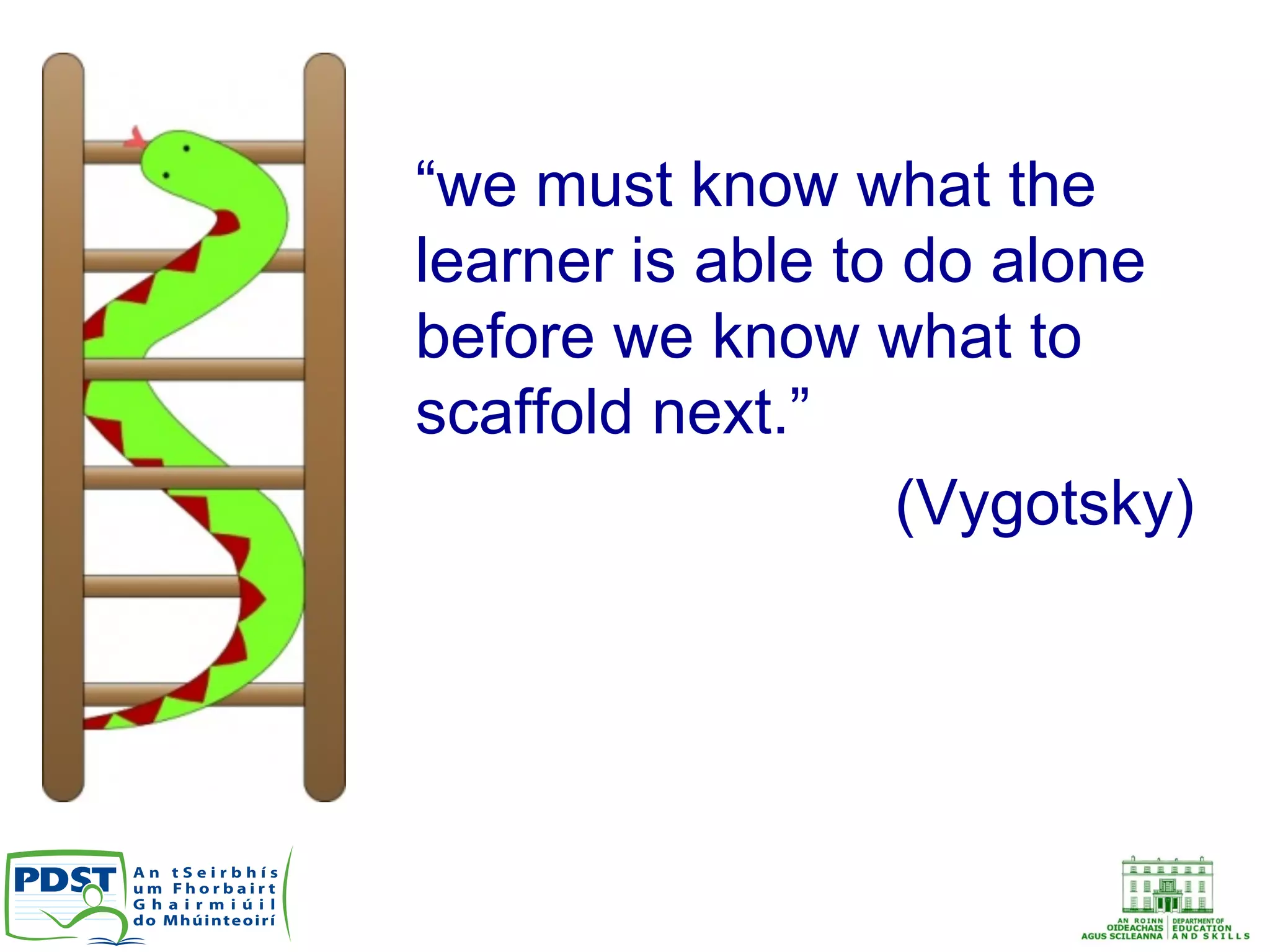“we must know what the
learner is able to do alone
before we know what to
scaffold next.”
(Vygotsky)
 