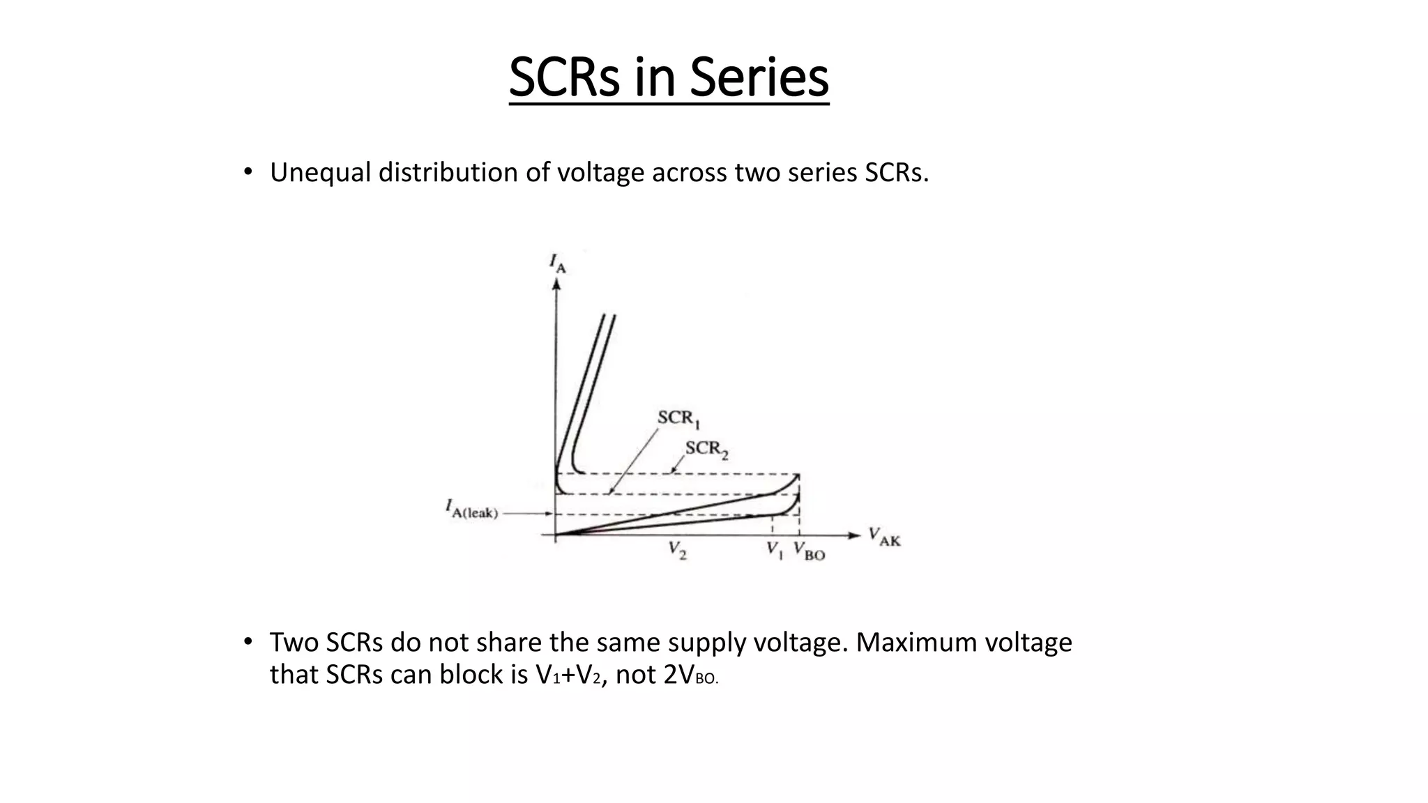 SCRs in Series
• Unequal distribution of voltage across two series SCRs.
• Two SCRs do not share the same supply voltage. Maximum voltage
that SCRs can block is V1+V2, not 2VBO.
30
 