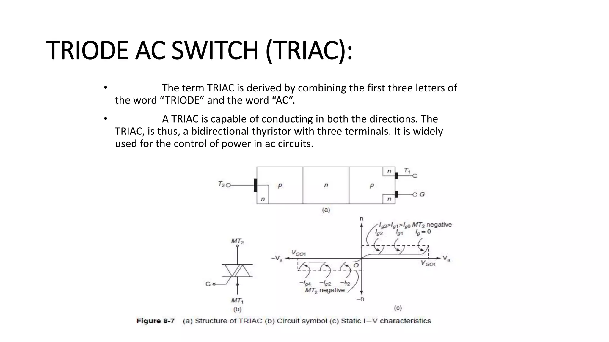 TRIODE AC SWITCH (TRIAC):
• The term TRIAC is derived by combining the first three letters of
the word “TRIODE” and the word “AC”.
• A TRIAC is capable of conducting in both the directions. The
TRIAC, is thus, a bidirectional thyristor with three terminals. It is widely
used for the control of power in ac circuits.
 