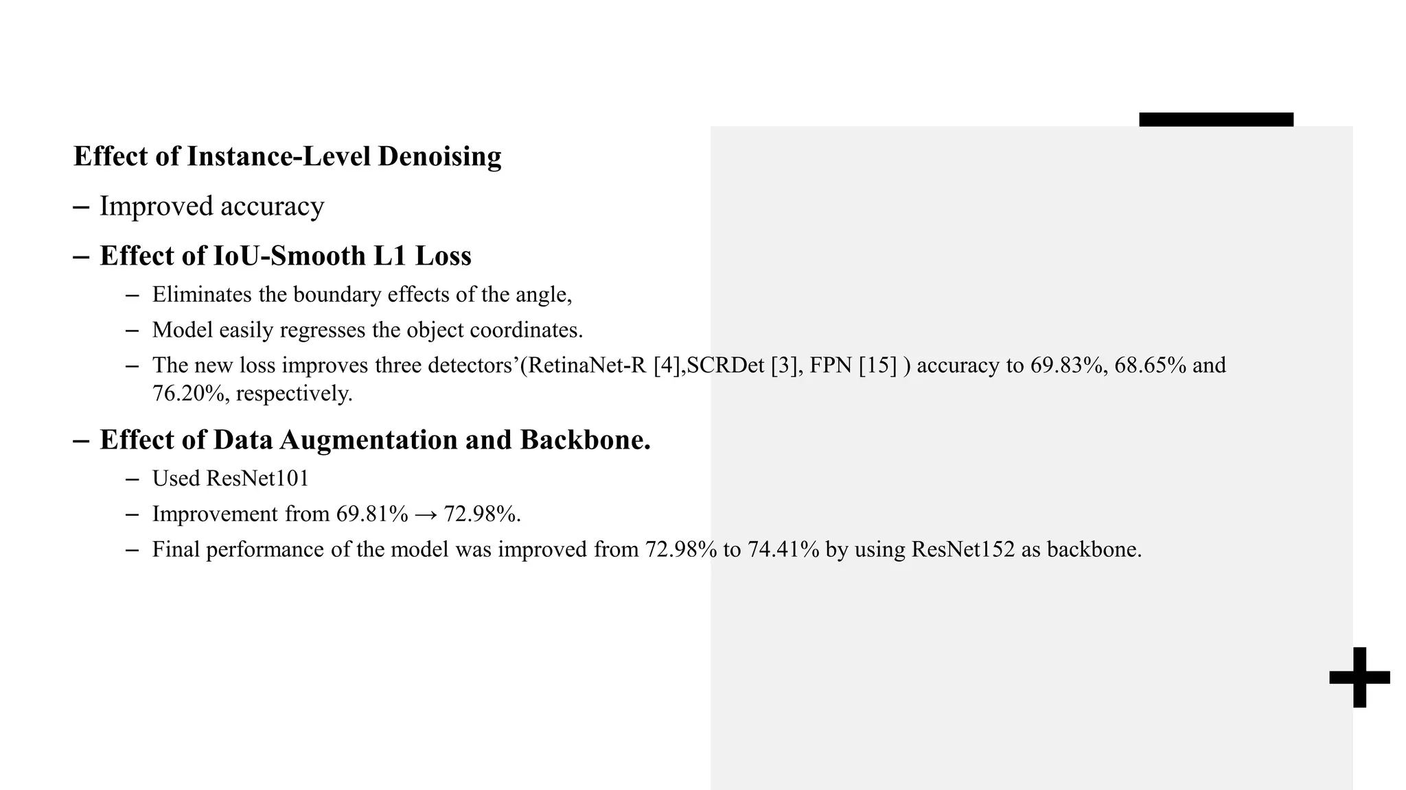 Effect of Instance-Level Denoising
– Improved accuracy
– Effect of IoU-Smooth L1 Loss
– Eliminates the boundary effects of the angle,
– Model easily regresses the object coordinates.
– The new loss improves three detectors’(RetinaNet-R [4],SCRDet [3], FPN [15] ) accuracy to 69.83%, 68.65% and
76.20%, respectively.
– Effect of Data Augmentation and Backbone.
– Used ResNet101
– Improvement from 69.81% → 72.98%.
– Final performance of the model was improved from 72.98% to 74.41% by using ResNet152 as backbone.
 