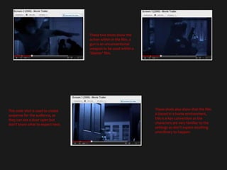 These two shots show the
                                   action within in the film, a
                                   gun is an unconventional
                                   weapon to be used within a
                                   'Slasher' film.




This wide shot is used to create                                  These shots also show that the film
suspense for the audience, as                                     is based in a home environment,
they can see a door open but                                      this is a key convention as the
don’t know what to expect next.                                   characters are very familiar to the
                                                                  settings so don’t expect anything
                                                                  unordinary to happen.
 