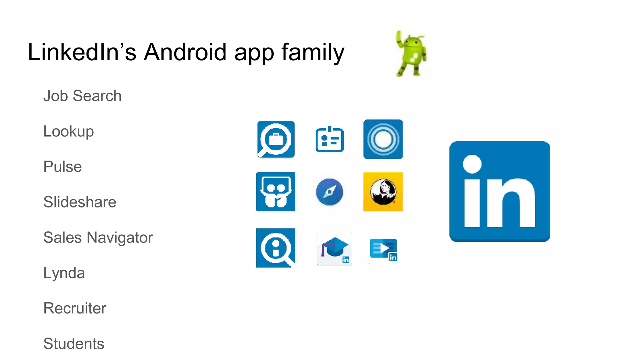 LinkedIn’s Android app family
Job Search
Lookup
Pulse
Slideshare
Sales Navigator
Lynda
Recruiter
Students
 