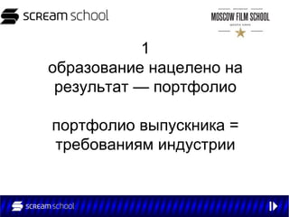 1
образование нацелено на
 результат — портфолио

портфолио выпускника =
требованиям индустрии
 