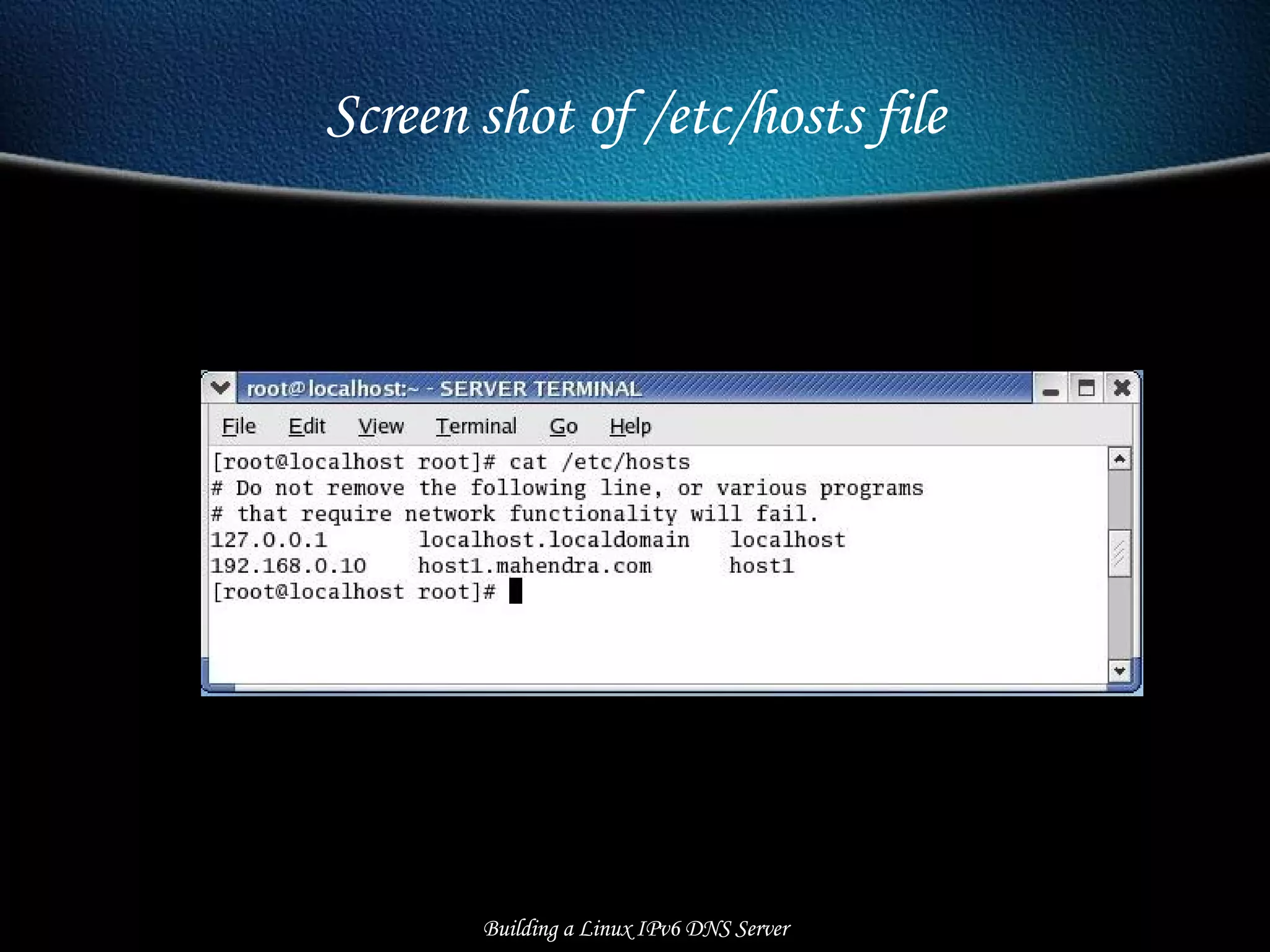 Screen shot of /etc/hosts file Building a Linux IPv6 DNS Server 