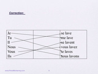 Correction:




  Je                         se lave
  Tu                         me lave
  Il                         se lavent
  Nous                       vous lavez
  Vous                       te laves
  Ils                        nous lavons


www.ParisMonterrey.com   9
 