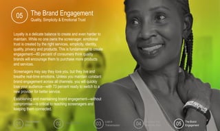 Loyalty is a delicate balance to create and even harder to
maintain. While no one owns the screenager, emotional
trust is created by the right services, simplicity, identity,
quality, privacy and products. This is fundamental to create
engagement—80 percent of consumers think quality
brands will encourage them to purchase more products
and services.
Screenagers may say they love you, but they live and
breathe real-time emotions. Unless you maintain constant
brand engagement across all channels, you will quickly
lose your audience—with 73 percent ready to switch to a
new provider for better service.
Establishing and maintaining brand engagement—without
compromise—is critical to reaching screenagers and
keeping them connected.
The Multiplier
Effect
Lost in
Transmission
The Way You
Make Me Feel
The Brand
Engagement01 02 03 04 05
The Brand Engagement
Quality, Simplicity & Emotional Trust
05
You, Me & IoT
 