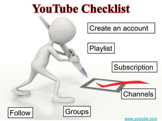 YouTube ChecklistCreate an account PlaylistSubscriptionChannelsGroupsFollowwww.youtube.com