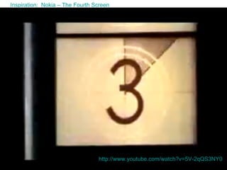 http://www.youtube.com/watch?v=5V-2qQS3NY0 http://www.youtube.com/watch?v=5V-2qQS3NY0 Inspiration:  Nokia – The Fourth Screen 