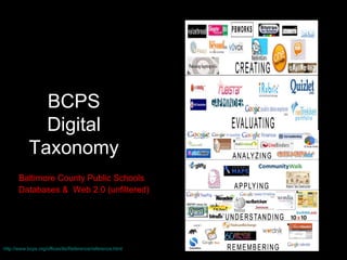 http://www.bcps.org/offices/lis/Reference/reference.html BCPS Digital Taxonomy Databases &  Web 2.0 (unfiltered) Baltimore County Public Schools 