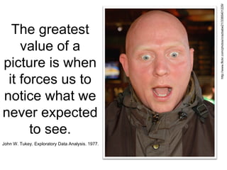 The greatest value of a picture is when it forces us to notice what we never expected to see. John W. Tukey. Exploratory Data Analysis. 1977.  http://www.flickr.com/photos/crazbabe21/3385401229/ 