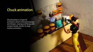 Chuck animation
Chuckimation is a type of
animation where characters/props
are thrown, moving and flying with
unseen hands, similar to stop-
motion animation.
 