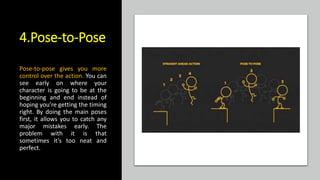 4.Pose-to-Pose
Pose-to-pose gives you more
control over the action. You can
see early on where your
character is going to be at the
beginning and end instead of
hoping you’re getting the timing
right. By doing the main poses
first, it allows you to catch any
major mistakes early. The
problem with it is that
sometimes it’s too neat and
perfect.
 