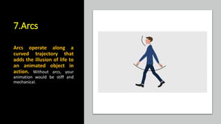 7.Arcs
Arcs operate along a
curved trajectory that
adds the illusion of life to
an animated object in
action. Without arcs, your
animation would be stiff and
mechanical.
 