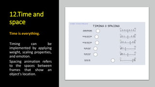 12.Time and
space
Time is everything.
Timing can be
implemented by applying
weight, scaling properties,
and emotion.
Spacing animation refers
to the spaces between
frames that show an
object's location.
 