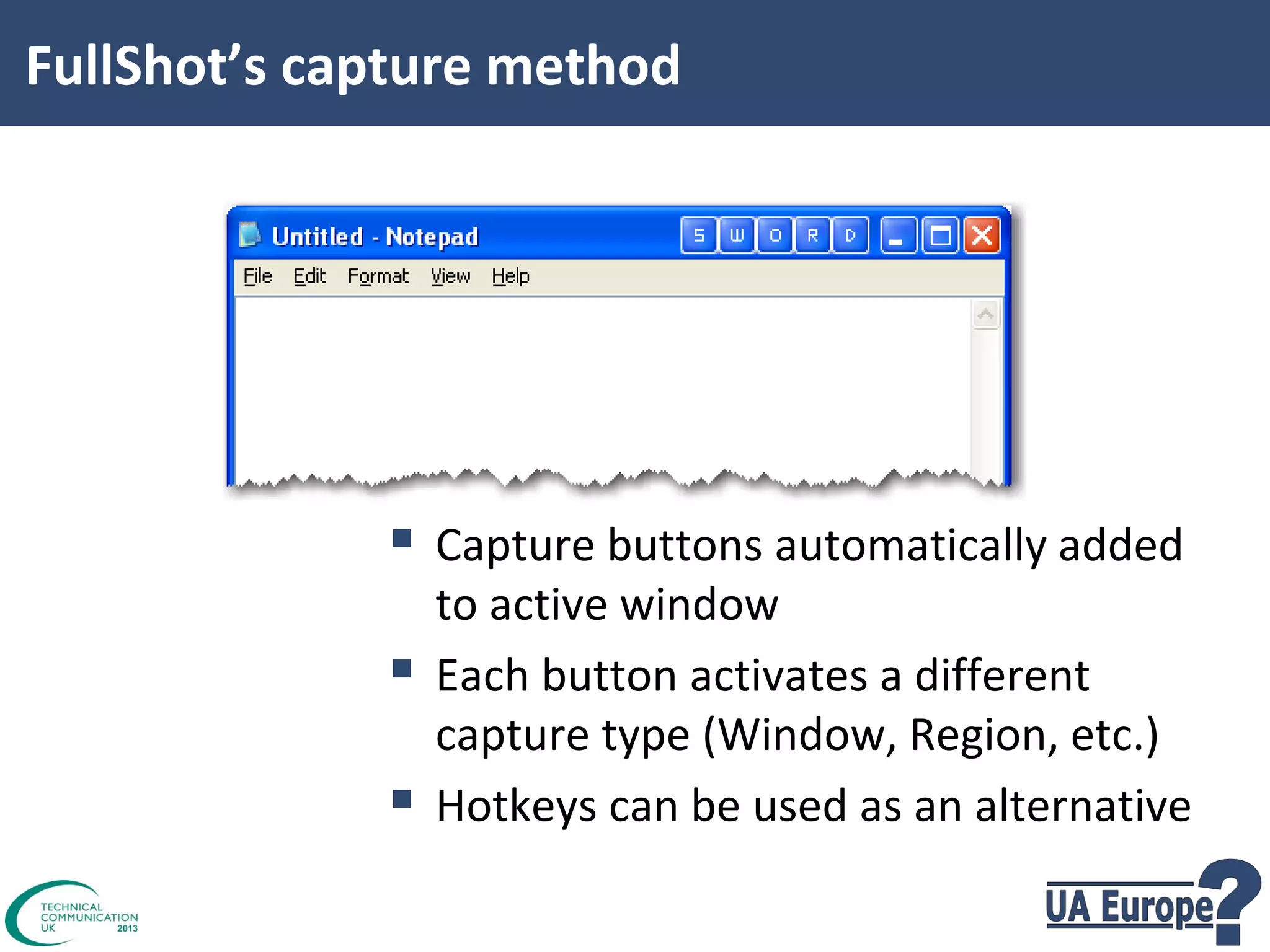 FullShot’s capture method

 Capture buttons automatically added



to active window
Each button activates a different
capture type (Window, Region, etc.)
Hotkeys can be used as an alternative

 