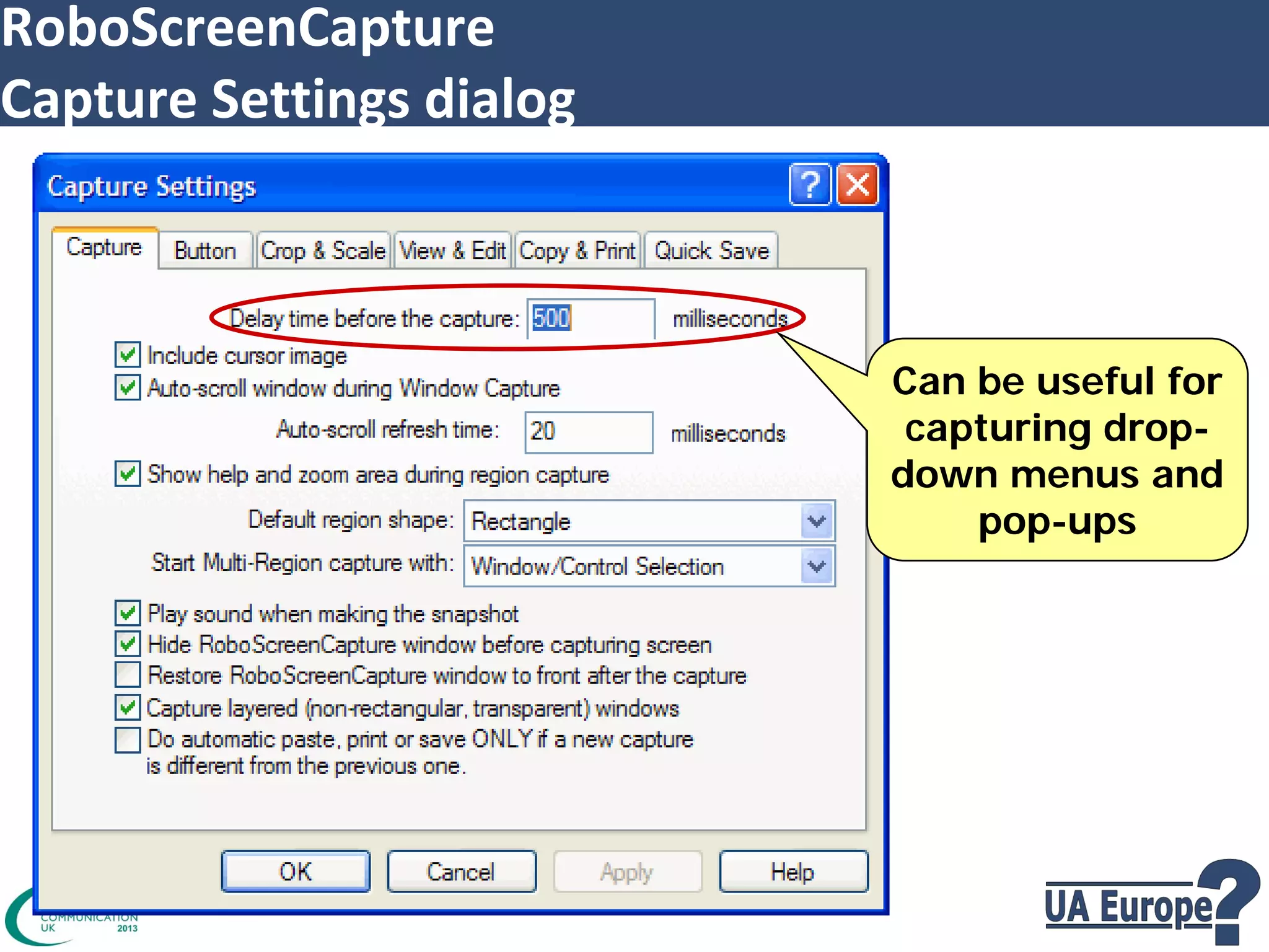 RoboScreenCapture
Capture Settings dialog

Can be useful for
capturing dropdown menus and
pop-ups

 