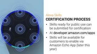 Alexa Skills
CERTIFICATION PROCESS
• Skills ready for public use can
be submitted for certification
• At developer.amazon.com/apps
• Skills will be available for
customers to enable via
Amazon Echo App (later this
year)
 