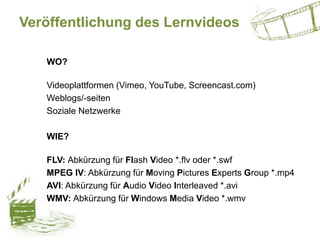 Veröffentlichung des Lernvideos
WO?
Videoplattformen (Vimeo, YouTube, Screencast.com)
Weblogs/-seiten
Soziale Netzwerke
WIE?
FLV: Abkürzung für Flash Video *.flv oder *.swf
MPEG IV: Abkürzung für Moving Pictures Experts Group *.mp4
AVI: Abkürzung für Audio Video Interleaved *.avi
WMV: Abkürzung für Windows Media Video *.wmv
 