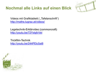 Nochmal alle Links auf einen Blick
Videos mit Grafiktablett ( „Tafelanschrift“)
http://mathe.tugraz.at/videos/
Legetechnik-Erklärvideo (commoncraft)
http://youtu.be/72YstgfvVeI
Trickfilm-Technik
http://youtu.be/244PEtc5at8
 