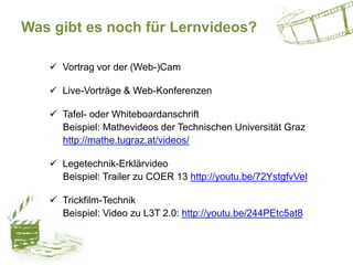 Was gibt es noch für Lernvideos?
 Vortrag vor der (Web-)Cam
 Live-Vorträge & Web-Konferenzen
 Tafel- oder Whiteboardanschrift
Beispiel: Mathevideos der Technischen Universität Graz
http://mathe.tugraz.at/videos/
 Legetechnik-Erklärvideo
Beispiel: Trailer zu COER 13 http://youtu.be/72YstgfvVeI
 Trickfilm-Technik
Beispiel: Video zu L3T 2.0: http://youtu.be/244PEtc5at8
 
