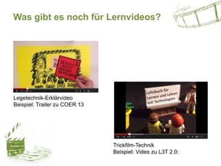 Was gibt es noch für Lernvideos?
Legetechnik-Erklärvideo
Beispiel: Trailer zu COER 13
Trickfilm-Technik
Beispiel: Video zu L3T 2.0:
 