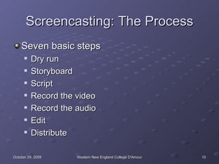 Screencasting: The Process Seven basic steps Dry run Storyboard Script Record the video Record the audio Edit Distribute 