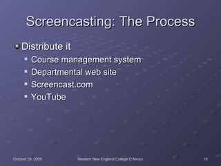 Screencasting: The Process Distribute it Course management system Departmental web site Screencast.com YouTube 