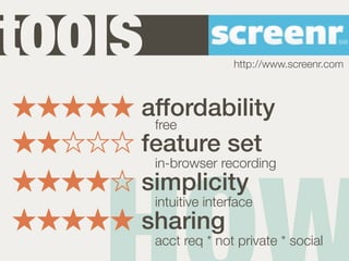 tools                  http://www.screenr.com



    affordability
     free
    feature set
        in-browser recording
    simplicity
        intuitive interface
    sharing
        acct req * not private * social
 